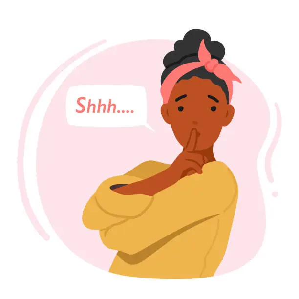 Vector illustration of Female Character Showcasing The Gesture Of Silence With A Finger Pressed Against her Mouth, Evoking The Idea Of Silence