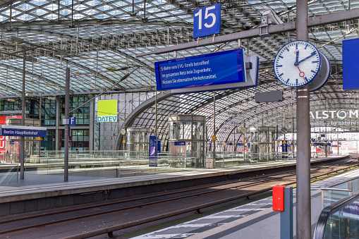 Berlin, Germany. MAR 27,2023\nBerlin Hauptbahnhof (Central Station), Journalists report news of the Germany public transport network mega strike