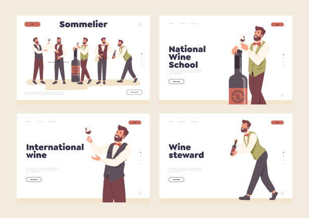 ilustraciones, imágenes clip art, dibujos animados e iconos de stock de conjunto de páginas de destino para la escuela en línea, el servicio de restaurante remoto y la asociación del gremio de sommeliers - red wine illustrations