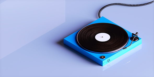 Blue professional Vinyl Record Player on a blue background. 3D rendering. Pastel background tilted blue vinyl record vinyl player abstract tint 3D rendering music concept technology