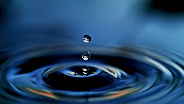 Droplet falling and splashing,rippling blue water surface