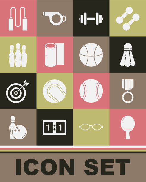 Set Racket for playing table tennis, Medal, Badminton shuttlecock, Dumbbell, Fitness mat roll, Bowling pin, Jump rope and Basketball ball icon. Vector Set Racket for playing table tennis Medal Badminton shuttlecock Dumbbell Fitness mat roll Bowling pin Jump rope and Basketball ball icon. Vector. baseball-scorecard stock illustrations