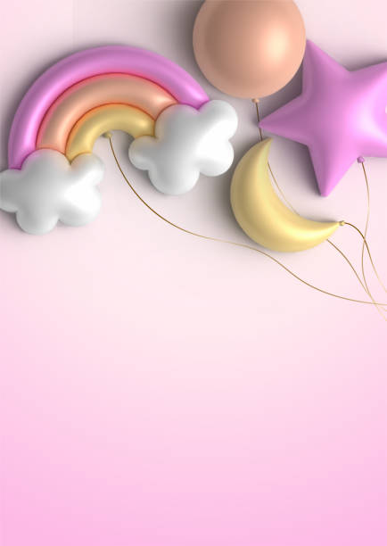 虹、星、月の形をした風船を持つベビーシャワーの招待状。女の子の誕生日のお祝いのためのピンクのカードテンプレート - invitation greeting card birthday birthday card ストックフォトと画像