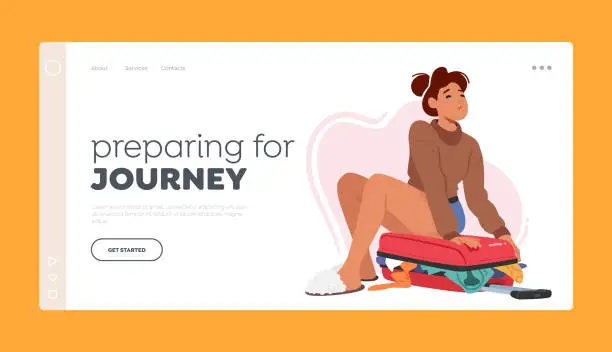 Vector illustration of Preparing for Journey Landing Page Template. Woman Character Packing Clothes Into Luggage, Pushing Them Down