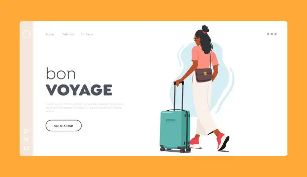 Vector illustration of Travel, Voyage Landing Page Template. Woman Character Carrying Luggage In the Airport, Ready To Embark On Her Journey