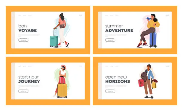 Vector illustration of Women Travel Landing Page Template Set. Female Characters with Suitcases And Bags Heading Towards The Airport