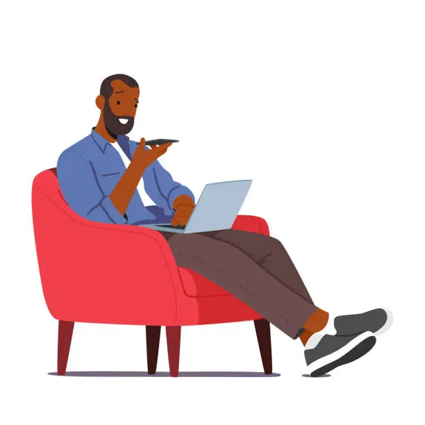 Vector illustration of Man Character Using Chat Bot Service On His Smartphone And Laptop While Sitting On An Armchair. Artificial Intelligence