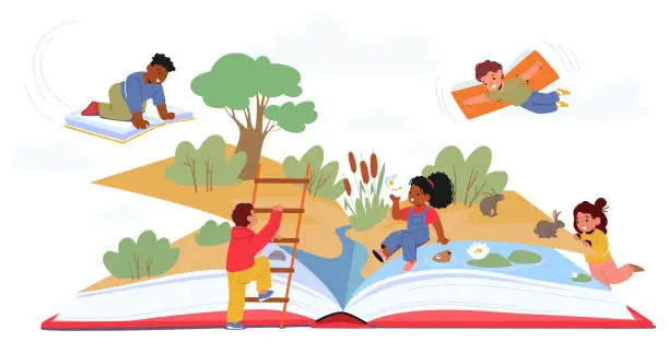 Vector illustration of Children Reading Together On Top Of A Giant Book That Transports Them Into An Imaginative World