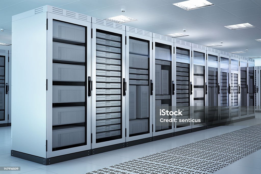 Server Rack Set, Airconditioned Network/communications server cluster in a server room. CG Image. Network Server Stock Photo