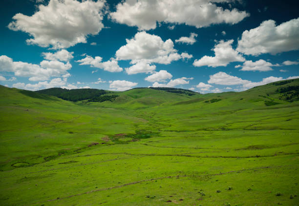 Wide meadows and wonderful skies. Highland landscape in spring. Natural background