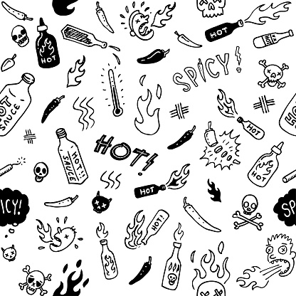 Spicy hand drawn style hot sauce, fire, skulls and people sketches on paper vector illustration. Seamless so will tile endlessly