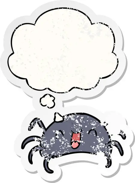 Vector illustration of cartoon spider with thought bubble as a distressed worn sticker