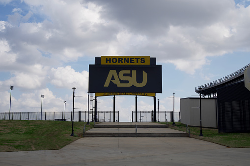 Montgomery, Alabama - February 25, 2023: ASU sign on stadium scoreboard on campus of Alabama State University in Montgomery, Alabama.
