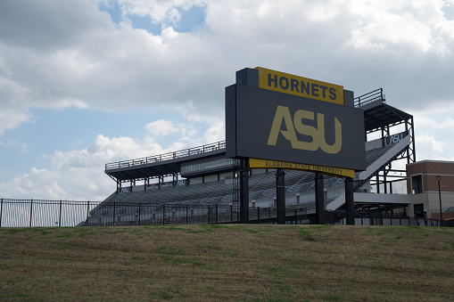 Montgomery, Alabama - February 25, 2023: ASU sign on stadium scoreboard on campus of Alabama State University in Montgomery, Alabama.