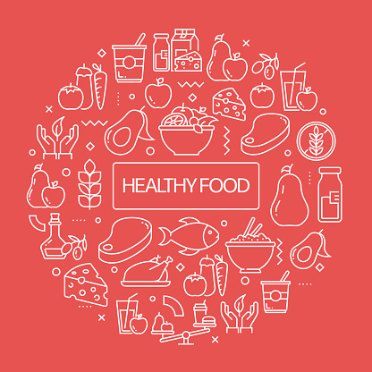 HEALTHY FOOD Web Banner with Linear Icons, Trendy Linear Style Vector