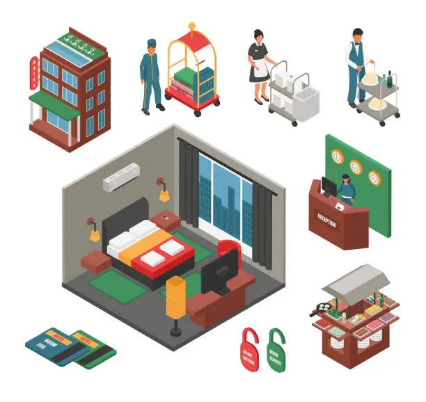 Vector illustration of Hotel and Hotel Service Isometric Vector Set