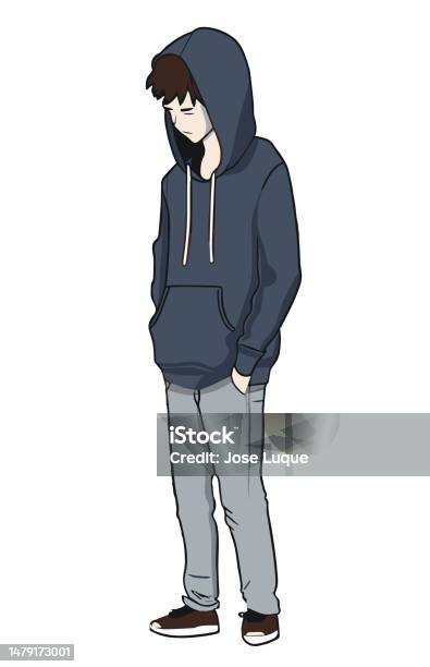 Side View Of Young Male Teenager With Dark Hair In Black Hoodie