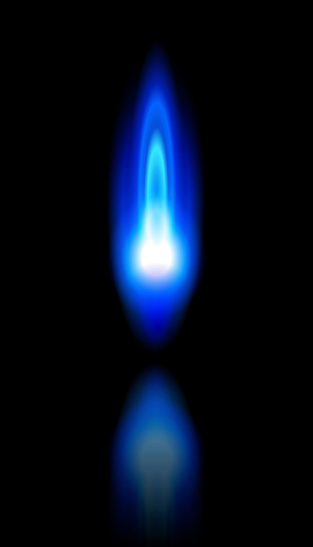 blue flame of a burning natural gas and reflection on black background. 100% -created in Illustrator