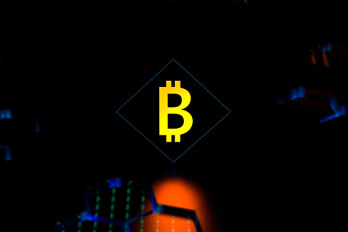 BITCOIN symbol neon with blurred background. 3D render.