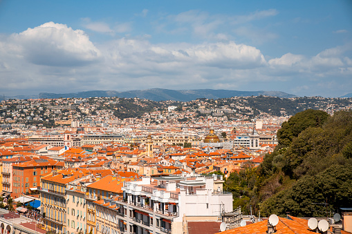 Beautiful panoramic aerial view on city of Nice, France. Copy space