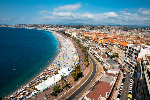 Beautiful panoramic aerial view on bay of Angels and city of Nice. Promenade des Anglais in French Riviera. Copy space