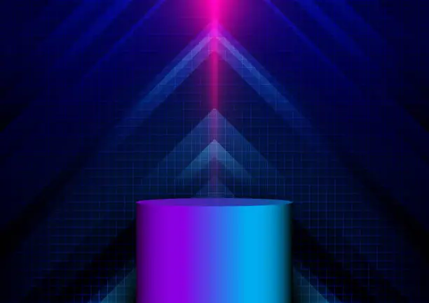 Vector illustration of 3D realistic neon colors podium with abstract blue arrow glowing with lighting and line grid on blue background technology hi-tech cyberpunk style