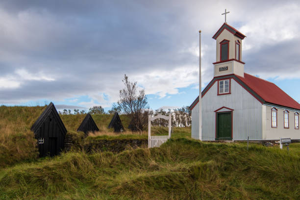 Keldur is a farm and a church site in Rangarvellir County, South Iceland. Catholic churches there were dedicated to the apostle Paul. The present church was built in 1875. Where the old farm still stands in the shelter of the edge of the lava field, big cold springs, called Keldur, feed a stream. According to the Njal’s Saga, the farmer Ingjaldur Holskuldsson occupied Keldur around the year 1000. Later the most powerful dynasty of the country, the so-called Oddaverjar, had one of their manors there. The father of this dynasty, Jon Loftsson, spent the last years of his life there, and founded a monastery, which did not last very long. The hall of the old farm is very ancient, the oldest hall of the country.
