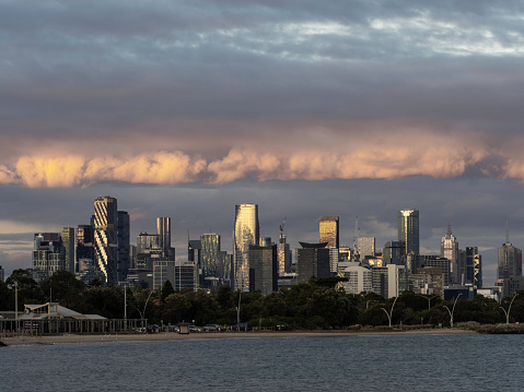 Melbourne city skyline at sunset