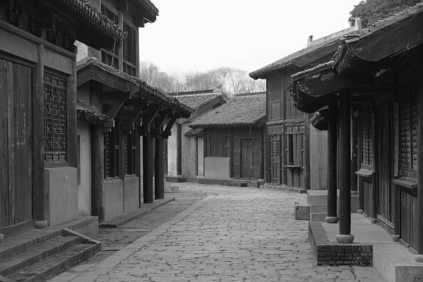 an ancient Chinese town in a black and white image