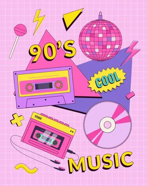 Vector illustration of Retro 90's music festival poster, invitation card or banner with audio player, cassette, disco ball and geometric elements.