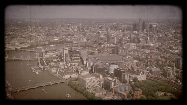 Old Film Aerial View of Central London and the River Thames, UK. 4K