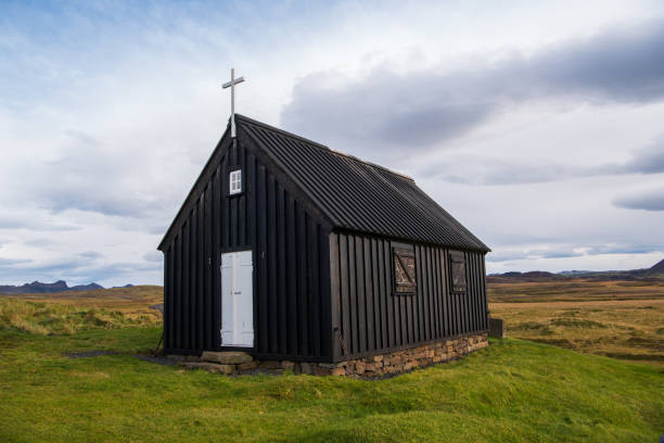 Krýsuvíkurkirkja, a simple wooden church in Krýsuvík, Iceland stock photo