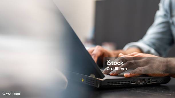 Man Hands Typing On Laptop Keyboard Stock Photo - Download Image Now - Hand, Close-up, Computer Programmer