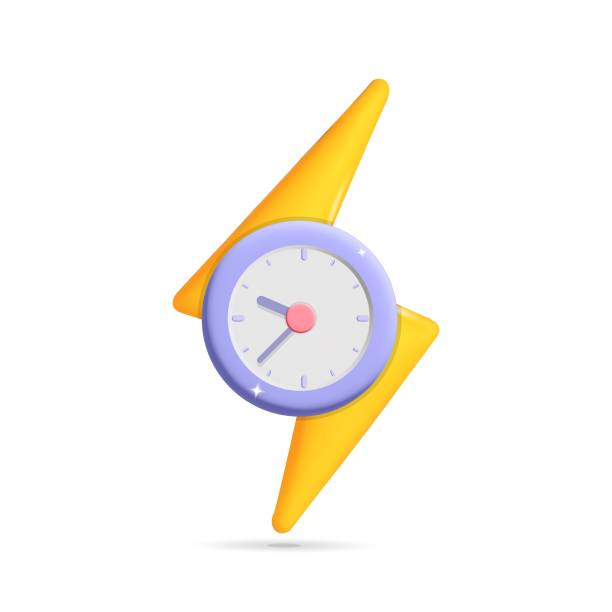 ilustraciones, imágenes clip art, dibujos animados e iconos de stock de 3d vector amarillo flash thunder bolt symbol con reloj despertador de tiempo diseño de icono de reloj - clock face flash