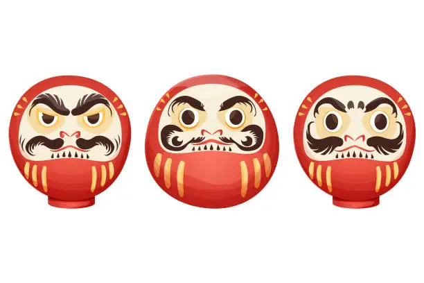 Vector illustration of Daruma red traditional japan doll talisman with angry face, geld elements in cartoon style isolated on white background. Vector illustration