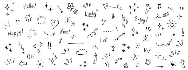 illustrazioni stock, clip art, cartoni animati e icone di tendenza di doodle simpatici elementi della linea della penna glitterata. doodle cuore, freccia, stella, scintillio icona del set di simboli di decorazione. semplice enfasi sullo stile della linea di schizzo, attenzione, elementi del modello. vettore - carino