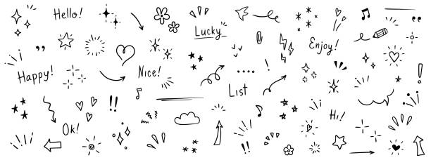 doodle cute glitter pen line elements. doodle heart, arrow, star, sparkle decoration symbol set icon.  simple sketch line style emphasis, attention, pattern elements. vector - tatlı stock illustrations