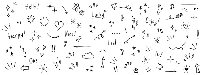 Doodle cute glitter pen line elements. Doodle heart, arrow, star, sparkle decoration symbol set icon.  Simple sketch line style emphasis, attention, pattern elements. Vector illustration.