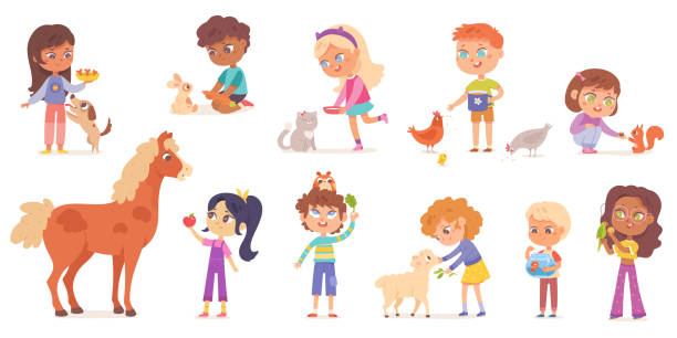 дети кормят и любят набор животных, милые мальчики и девочки держат корм для домашних животных и кормят друзей - horse goat child humor stock illustrations