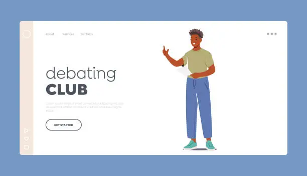 Vector illustration of Debating Club Landing Page Template. Student Male Character Standing With Sheet of Paper In Hand Reading or Makes Report