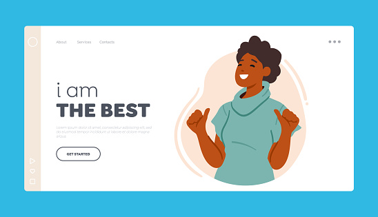 Self-assurance Landing Page Template. Confident Female Character Pointing Towards Herself, Indicating A Sense Of Self-belief, Pride And Positivity Concept. Cartoon People Vector Illustration