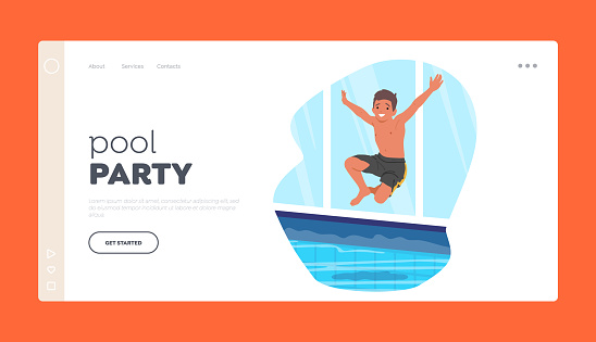 Pool Party Landing Page Template. Youngster Character Jump into Crystal-clear Pool Water. Playful Kid Joyfully Playing, Child Enjoying A Refreshing Dip In The Pool. Cartoon People Vector Illustration