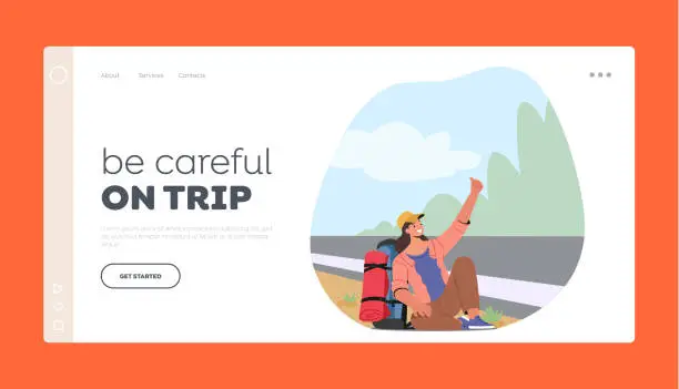 Vector illustration of f Freedom, Outdoor, Travel Landing Page Template. Female Character Hitchhiker Sitting with Backpack By The Roadside