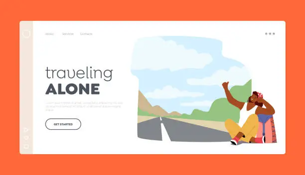 Vector illustration of Traveling Alone Landing Page Template. Traveler Woman With Backpack Sitting On The Side Of The Road With Thumb Out