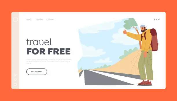 Vector illustration of Travel for Free Landing Page Template. Lone Traveler Male Character Stands By The Roadside, Thumb Extended