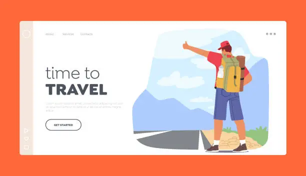 Vector illustration of Time to Travel, New Experience Landing Page Template. Backpack-wearing Hitchhiker Waiting On Roadside With A Thumb Up