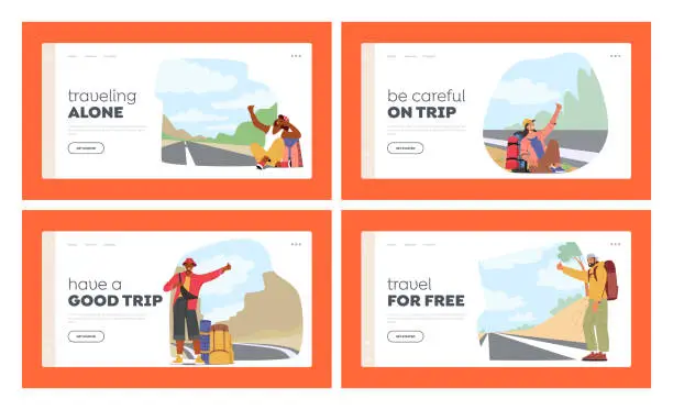 Vector illustration of Hitchhikers Landing Page Template Set. Characters Stand On The Side Of Road With Backpack, Waiting For A Ride