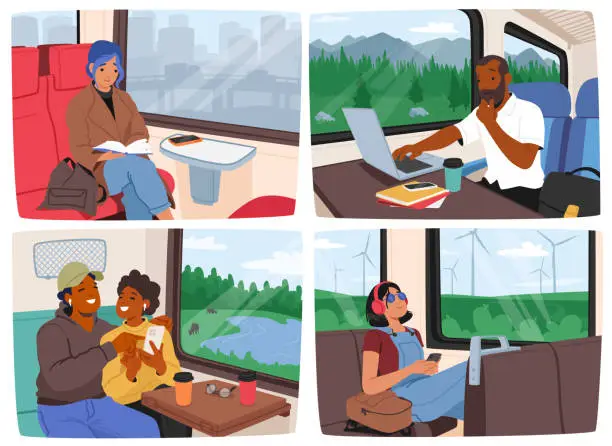 Vector illustration of Commuters Sitting On Train Seats While Traveling To Their Destinations. People Reading, Lost In Thought Or Talking