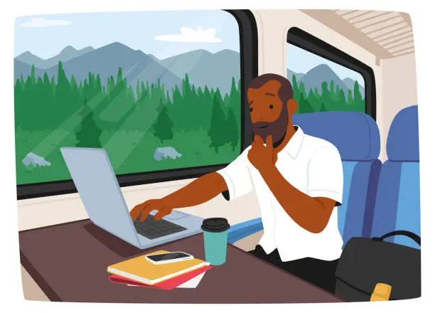 Vector illustration of Man Using A Laptop While On A Train Commute. He Appears Focused And Productive Despite The Moving Vehicle