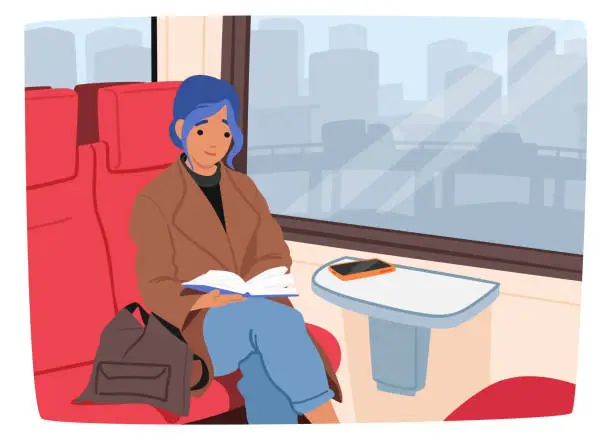 Vector illustration of Young Woman, Engrossed In A Book, Sitting In A Train Carriage With Cityscape Background Blurs Into Motion, Illustration